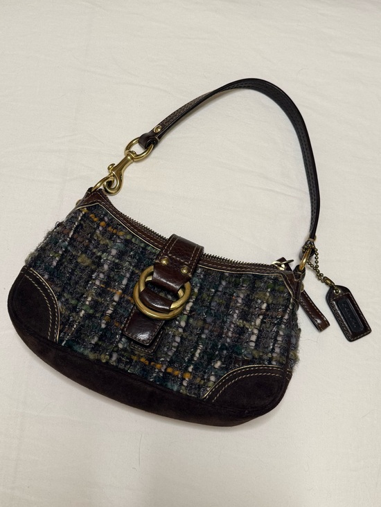Coach Handbags - Vintage Coach Tweed Shoulder Bag with Dark Brown Leather Trim